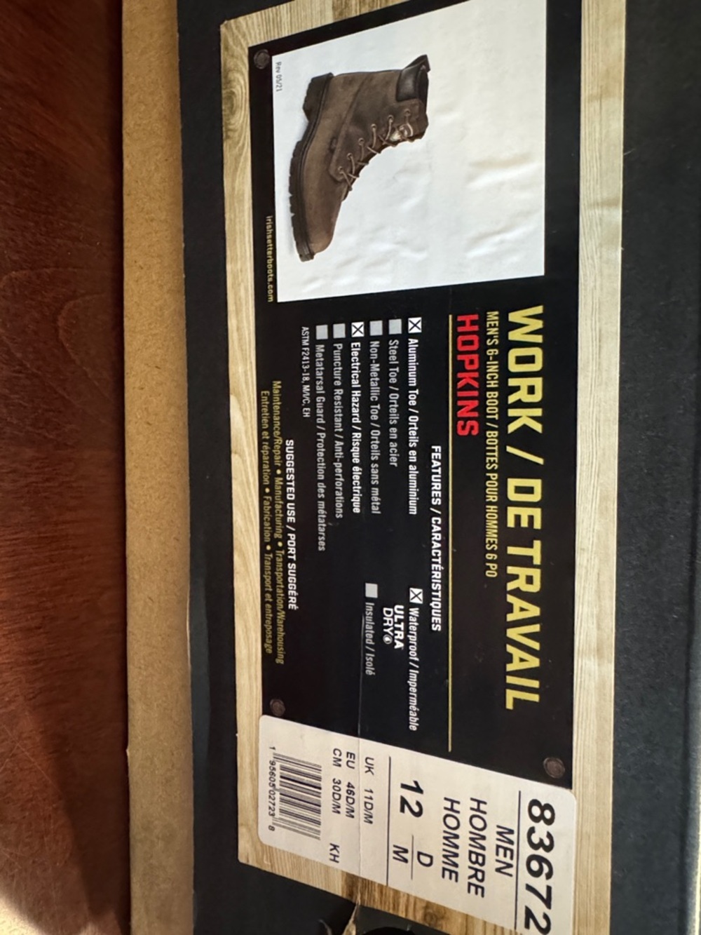 Irish Setter- Hopkins Men's Work Boot Box Label - Brown
